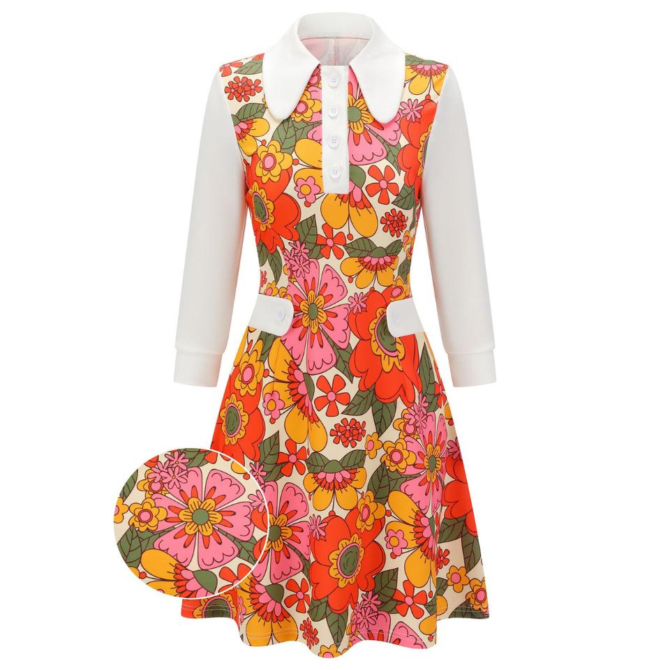 Retro Stage 1960s Orange Printed A-Line Dress with Peter Pan Collar, 3/4 Sleeves, Floral Patchwork Pockets, Lightweight for Commuting Casual Outings Womenswear