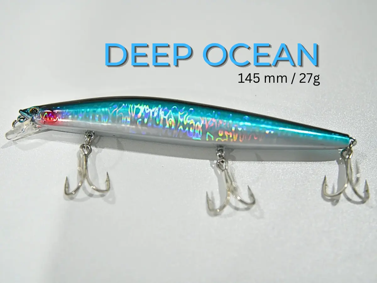 Deep Ocean. Ideal Lures for Barracuda and Jack Fishing 145 mm, 27 g sinking model with an internal piston system.
