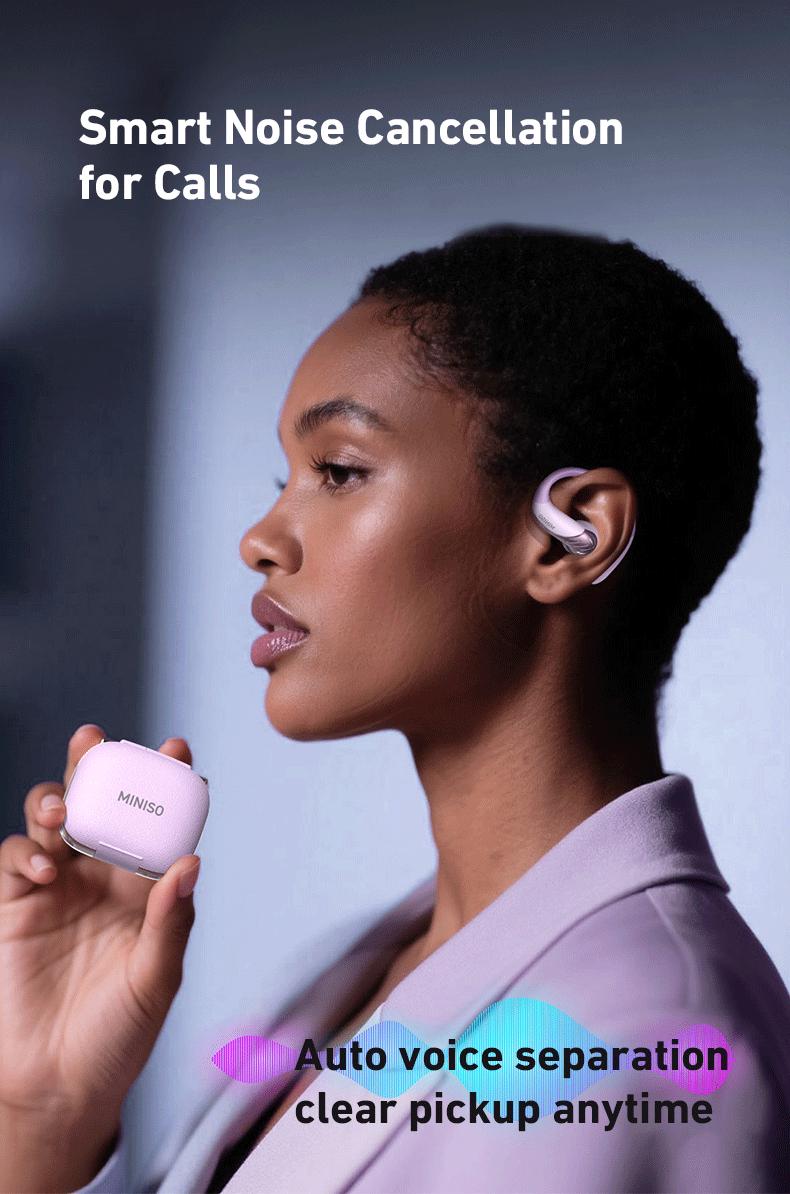 Miniso MS200-AI Translation Earphones, Bluetooth 6.0, high-fidelity wireless earphones, IPX5 waterproof rating, noise-canceling microphone, stereo in-ear headphones, built-in microphone