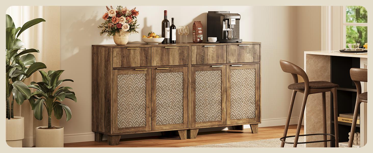 【SPOTLIGHT DAY】ONBRILL Sideboard Buffet Cabinet with 2 Drawers, Coffee Bar Cabinets with 2 Doors, Boho Farmhouse Accent Credenza Buffet Table Console Cabinet with Adjustable Shelves for Living Room, Entryway