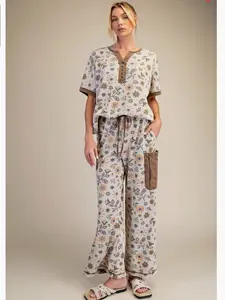 Easel Signature Printed Washed Waffle Pant Set NEW