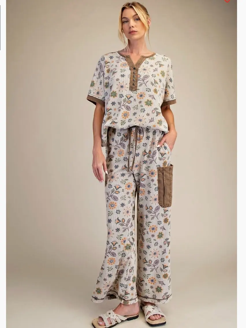EASEL Pant Set for Women, Mineral Washed Waffle with Floral Print - Henley Style Top with Short Loose Dolman Sleeves, Printed