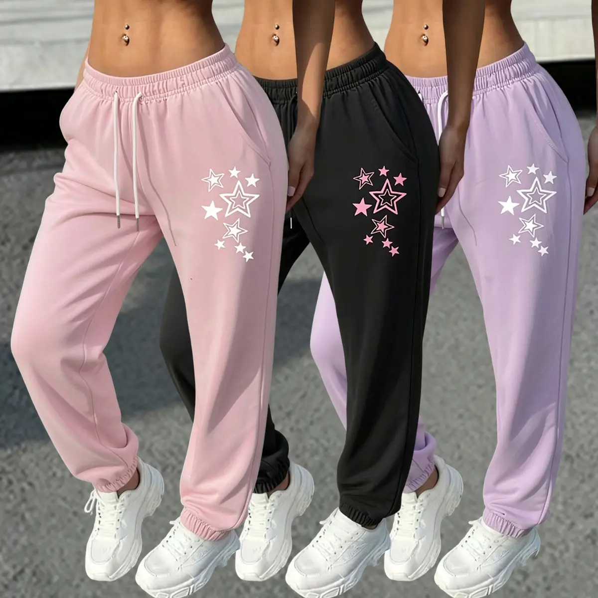 Women's 3-Piece Polyester Casual Athletic Pants - Plain, Elastic Waistband with Adjustable Drawstring, Suitable for Sports Fitness, Leisure Vacations, Women's Bottoms, Pants For Women