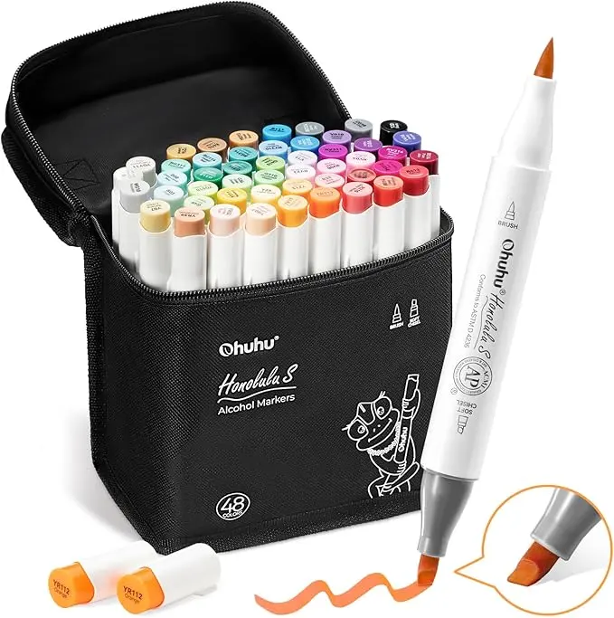 Ohuhu Alcohol Markers: Brush & Soft Chisel - 48 Colors - Dual Tips Drawing Markers for Artist Beginner Adult Coloring Illustration Sketching - Red Dot Award Winner - Refillable - Honolulu S Series of Ohuhu, Coloring Supplies, Dual Tip Pens
