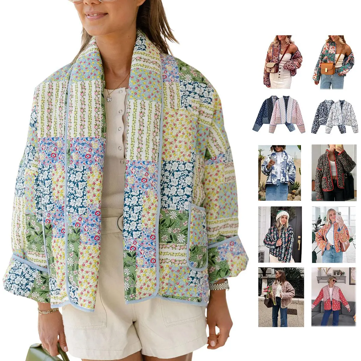 Women's Reversible Quilted Jacket, Ditsy Floral Print Lightweight Cropped Open-Front Coat with Pockets and Piping