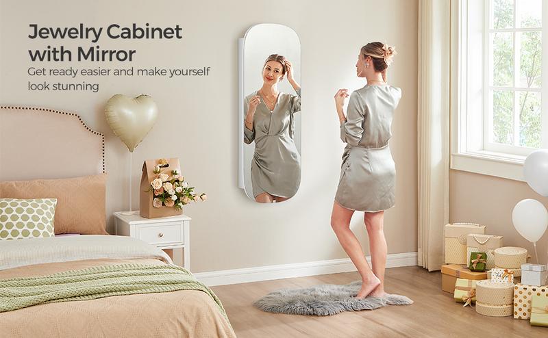 SONGMICS LED 360° Swivel Jewelry Cabinet Wall or Door Mounted, Lockable Rounded Wide Mirror with Storage, Interior Mirror Decor Design Furniture