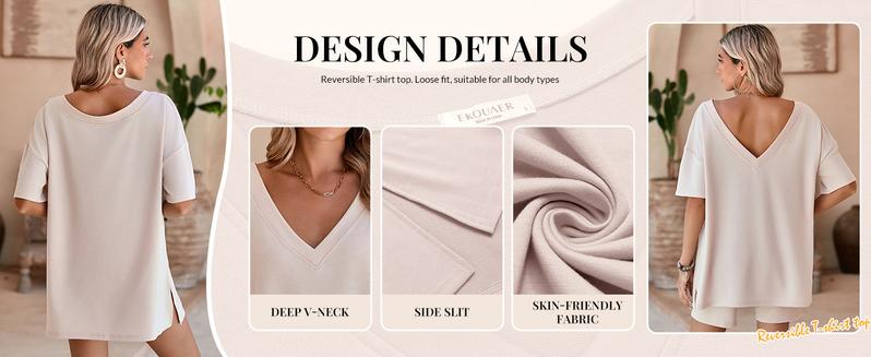 EKOUAER Women's  Two-Piece Pajama Set Casual Oversized V Neck Split Hem Shirts & Shorts Minimalist Lounge Wear Soft Viscose Fabric Comfy Homewear Cozy Pjs For Everybody S-2XL   lightweightruns small