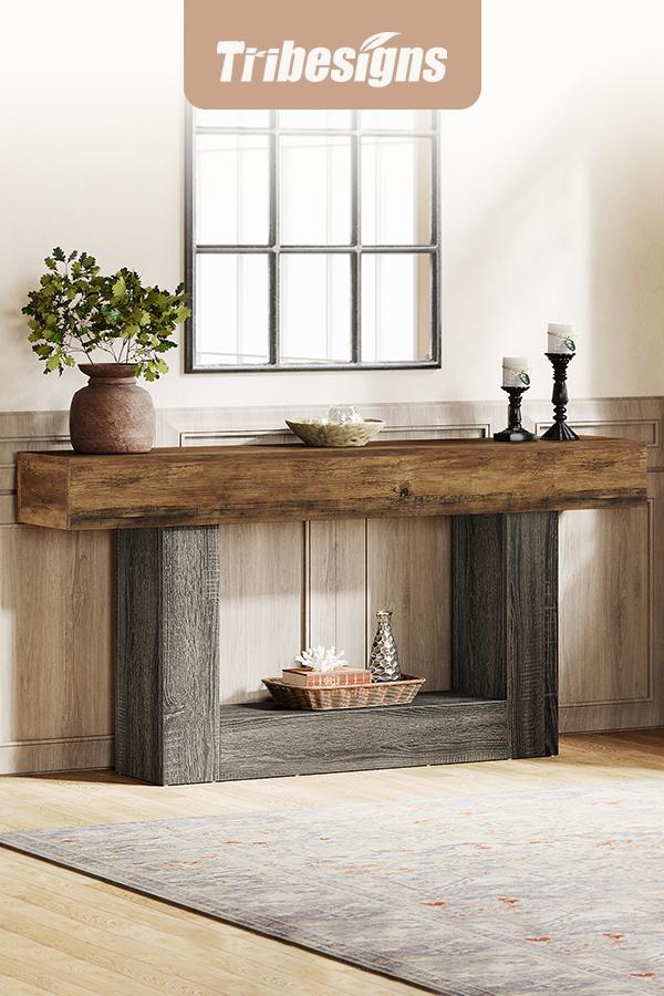 Tribesigns 63" Console Table, Farmhouse 2-Tier Entryway Table, Narrow Long Wood Sofa Table for Living Room, Hallway, Foyer