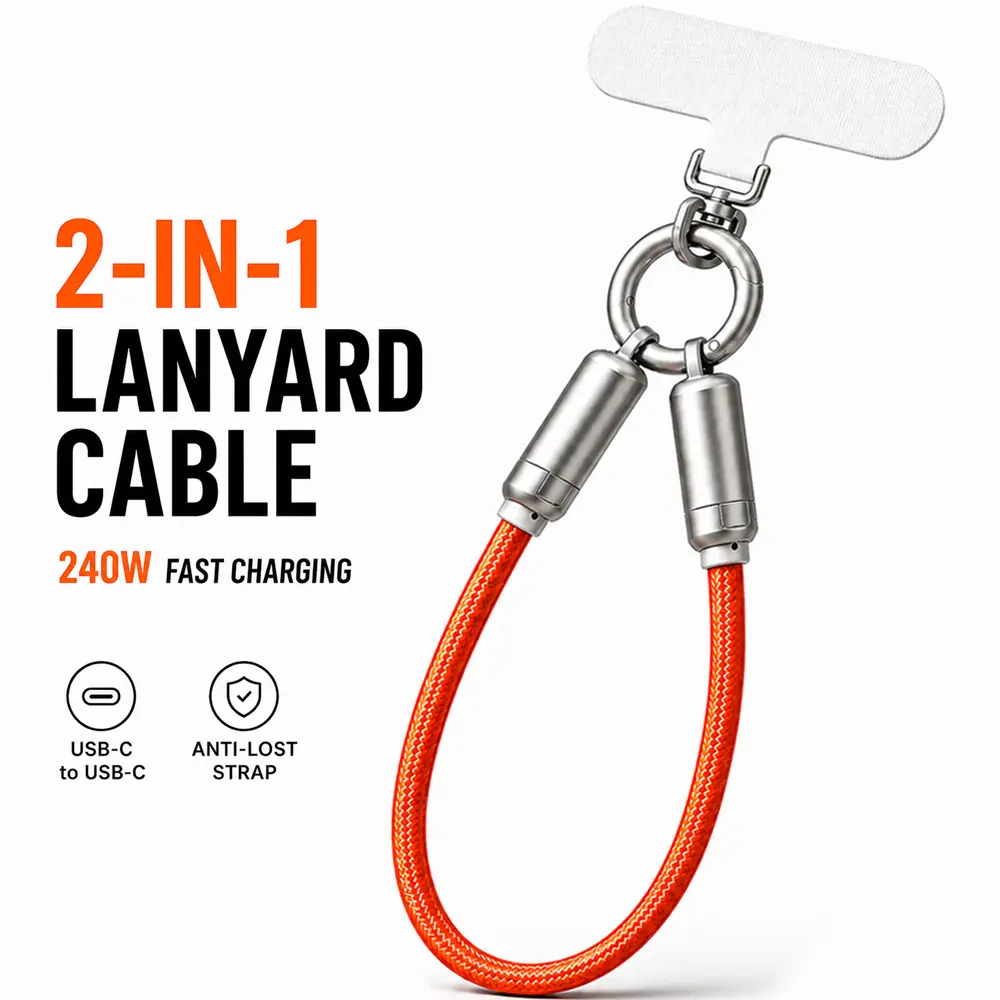 240W USB C Phone Lanyard Cable, 2-in-1 Fast Charging Crossbody Phone Strap with USB-C to USB-C Data Cord for iPhone 17/16/15, Samsung, Travel Essentials