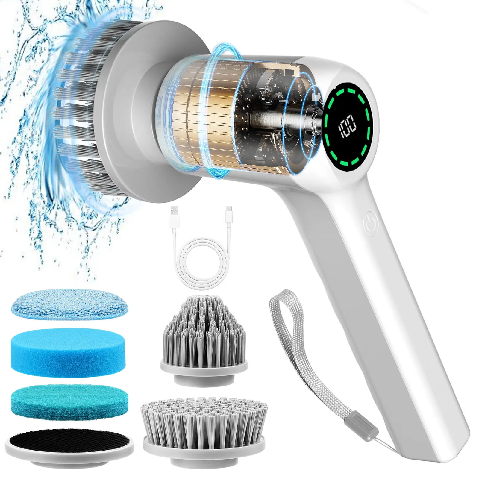 Electric Spin Scrubber,Cordless Shower Scrubber with LCD Display,Upgraded Motor 280/320RPM,2 Speeds Electric Scrubber with 5 Replaceable Heads,Handheld Cleaning Brush for Kitchen/Bathroom/Tile/Tub