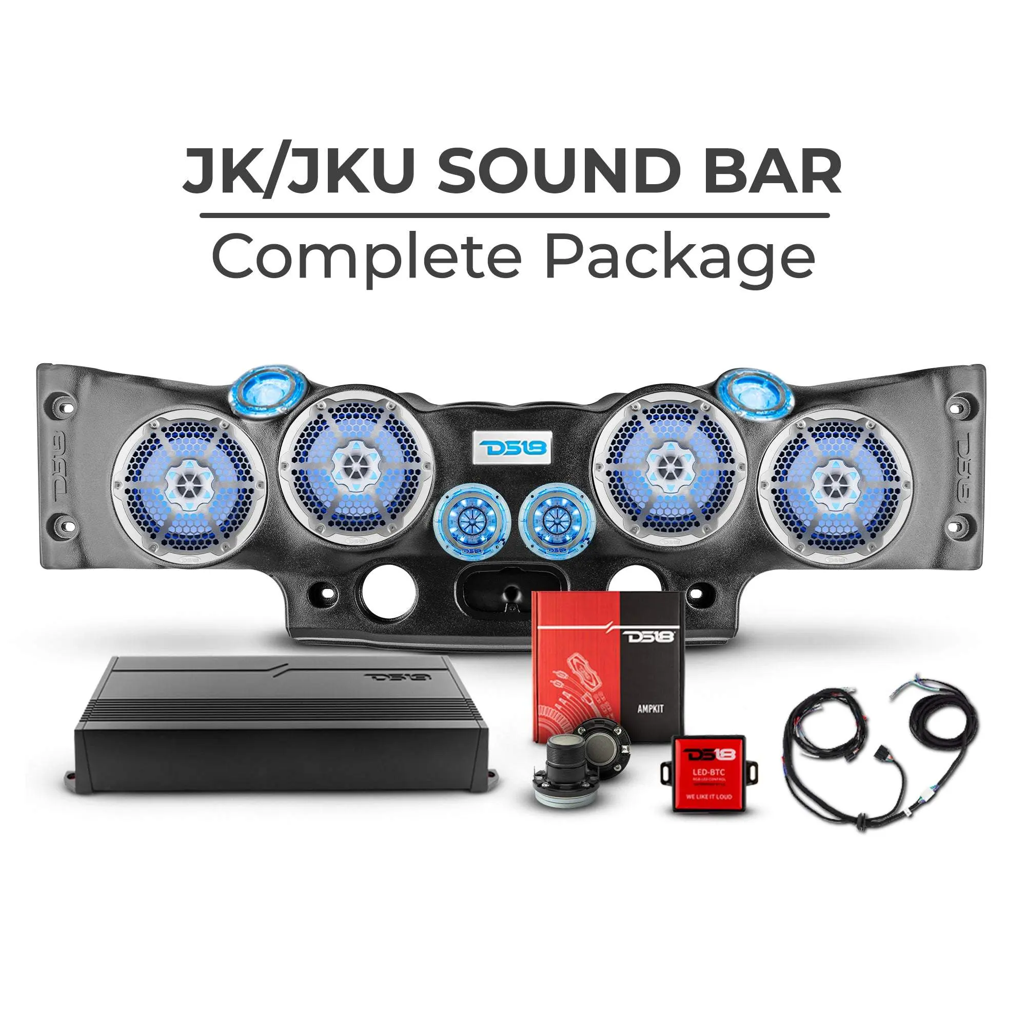 DS18 Jeep JK/JKU Complete Sound Bar Package with Metal Grill Speakers, Car Audio Amplifier, Car Stereo Speaker, Aftermarket Car Stereo Speakers