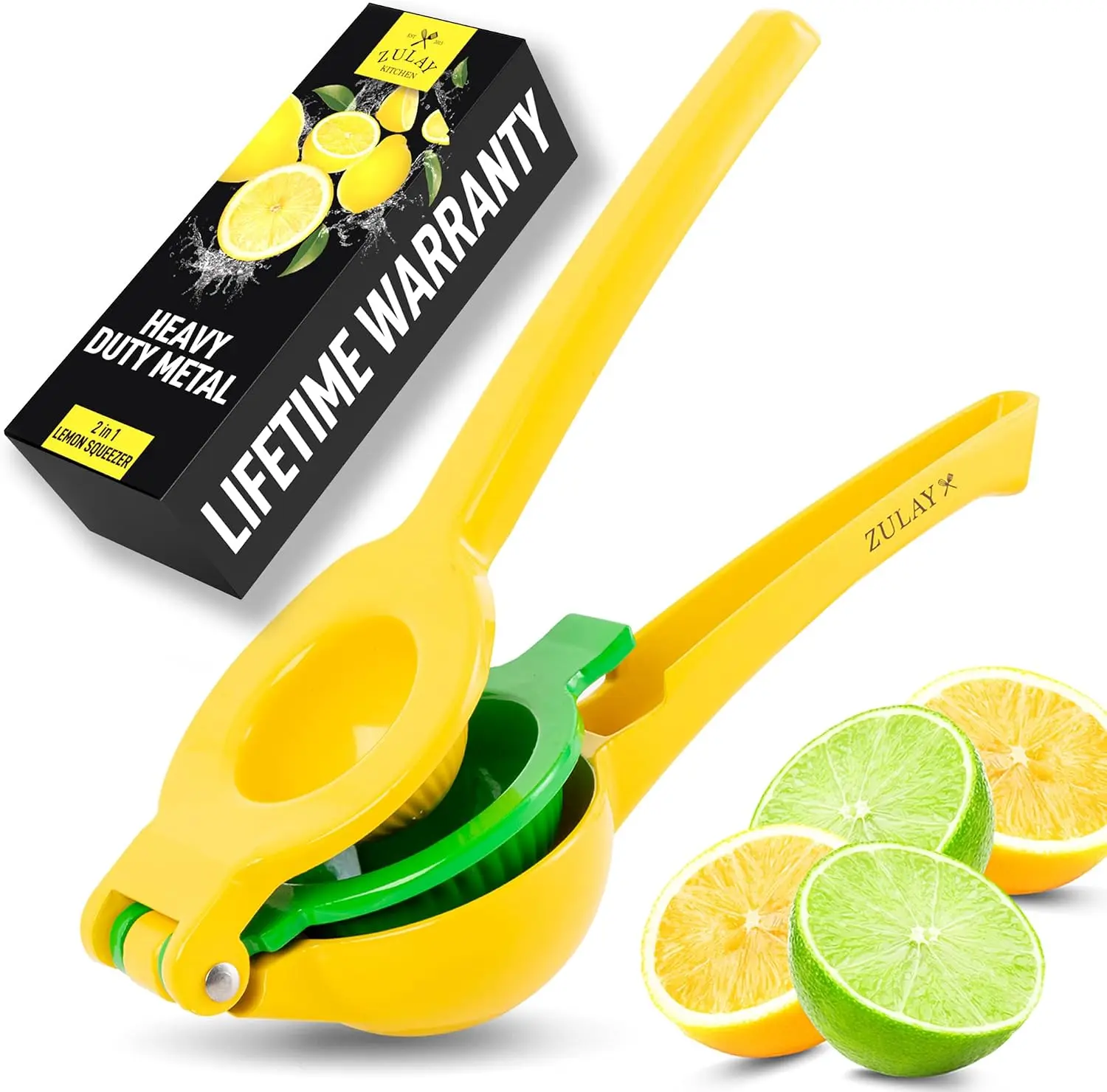 2-in-1 Manual Lemon Squeezer, Metal Handheld Citrus Juicer for Lemons, Limes & Everyday Kitchen Use, Yellow/Green