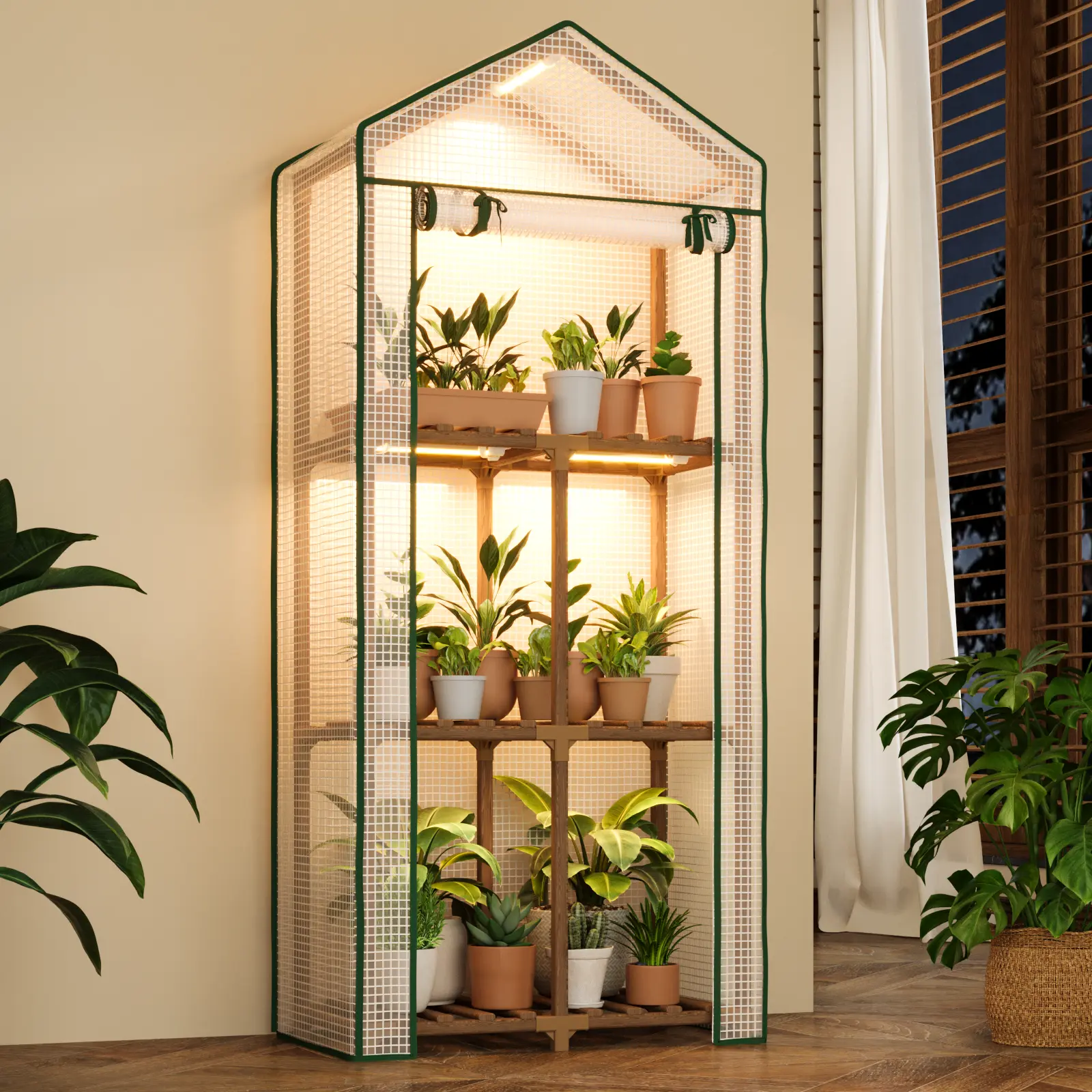 Bamworld 3-Tier Wood Frame Mini Greenhouse, Garden Accessories with Grow Light, PE Cover, Reusable Portable Plant Stand for Multiple Pots, Backyard Decor, Greenhouses & Seed Starters, Mini Greenhouse Greenhouses