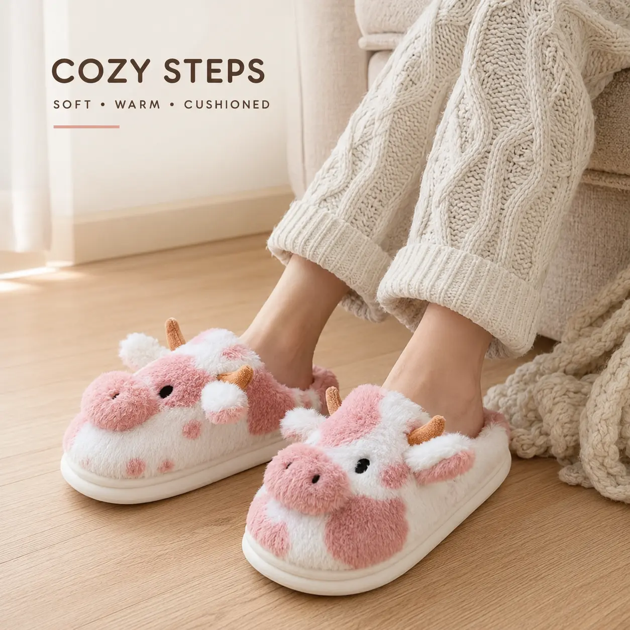 2026 Women's 3D Cow Plush Outdoor Slippers – Warm Lightweight Cushioned Slip-On Walking Shoes, Thick-Sole Casual Footwear for Indoor, Outdoor & Travel