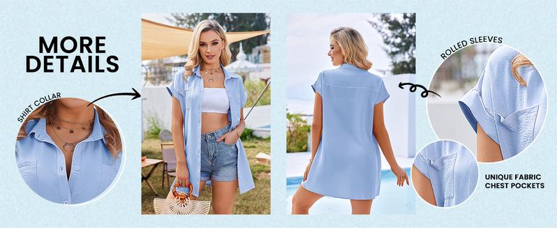 Women's Bathing Suit Cover Ups Summer Shirt Dress Casual Short Sleeve Button Down Beach Shirts with Pockets S-XXL