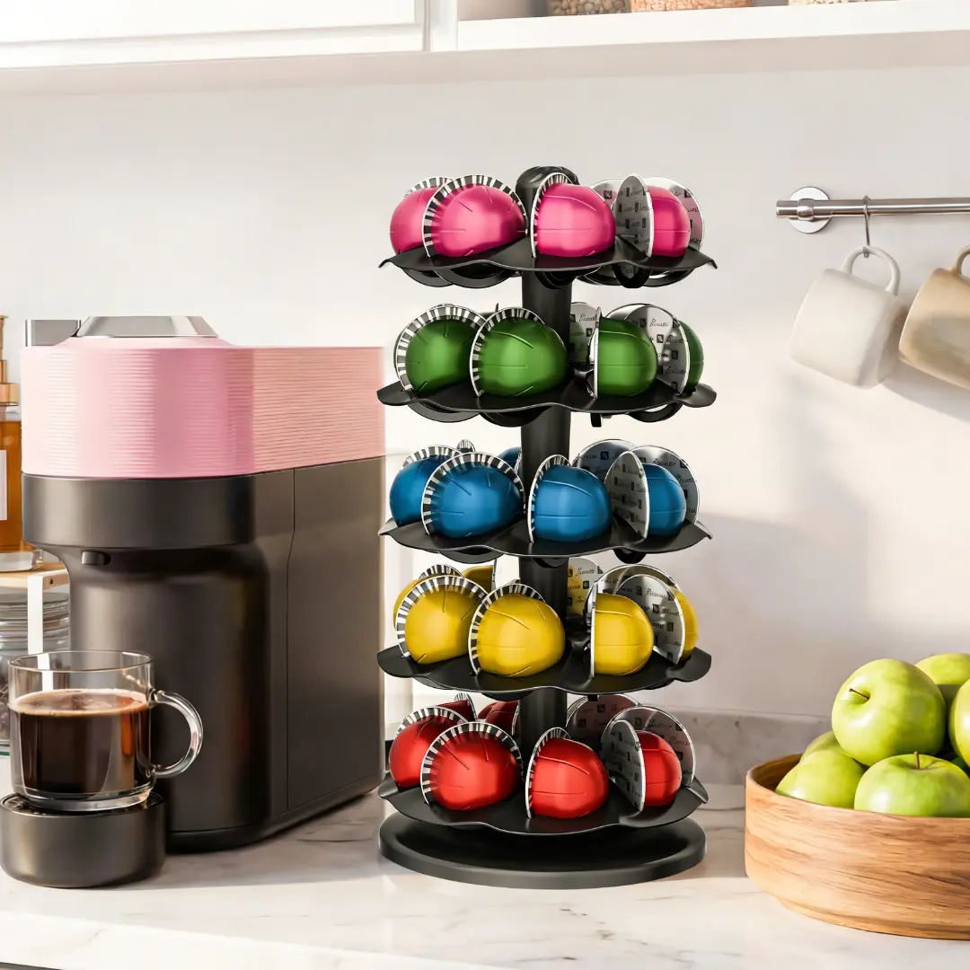 EVERIE Spinning Coffee Pod Carousel for Nespresso Vertuo Holds 40 Capsules Space-Saving Rotary Holder for Coffee Bar & Kitchen Countertop Black Sturdy Base Easy Access Design, Coffee Accessories, 40 Capsule Capacity