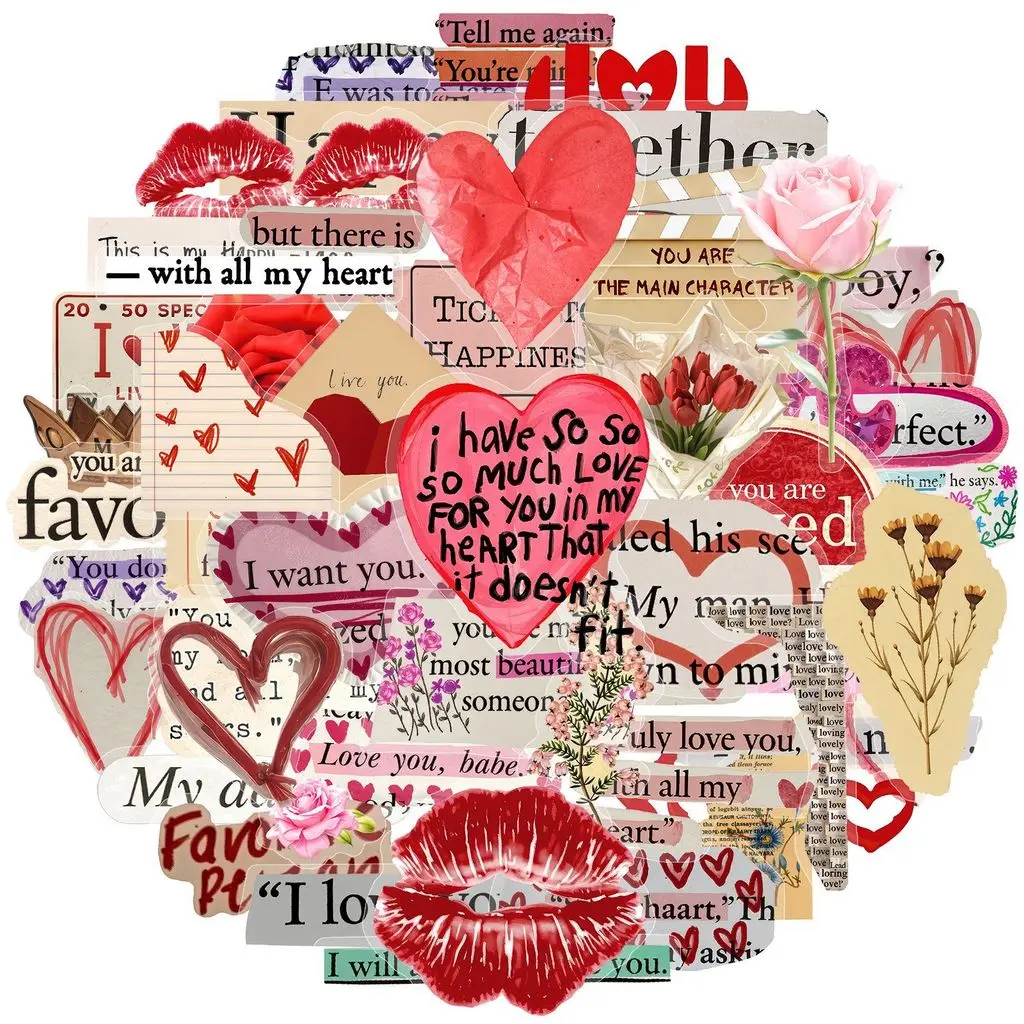 Girlish Valentine's Day Love Doodle Stickers, 50 Pcs, PET Decorative Stickers for Journals, Stationery & DIY Crafts