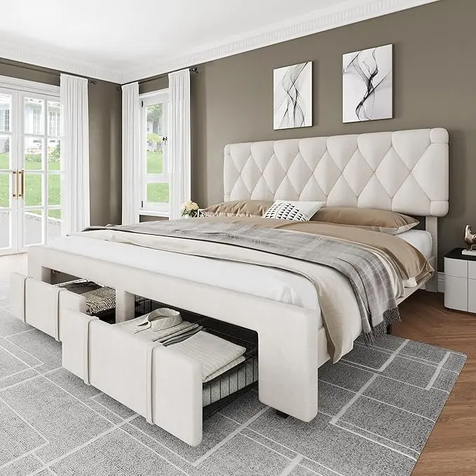 Sturdy Luxurious Contemporary Upholstered Platform Bed Frame with Storage Drawers, Solid Wooden Slats Support, No Box Spring Needed, Fits King Size Mattresses & 12" Mattress, Sturdy Bed Frame, Luxurious Platform Bed