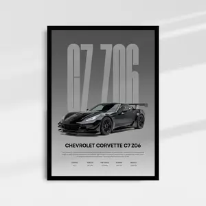 Chevrolet Corvette C7 Z06 Supercharged Track Supercar Profile, American Performance Enthusiast Garage Decor, Poster or Wall Art, Gray Gradient Bold Specs Aerodynamics Power Dominance Layout, chevrolet corvette, c7 z06