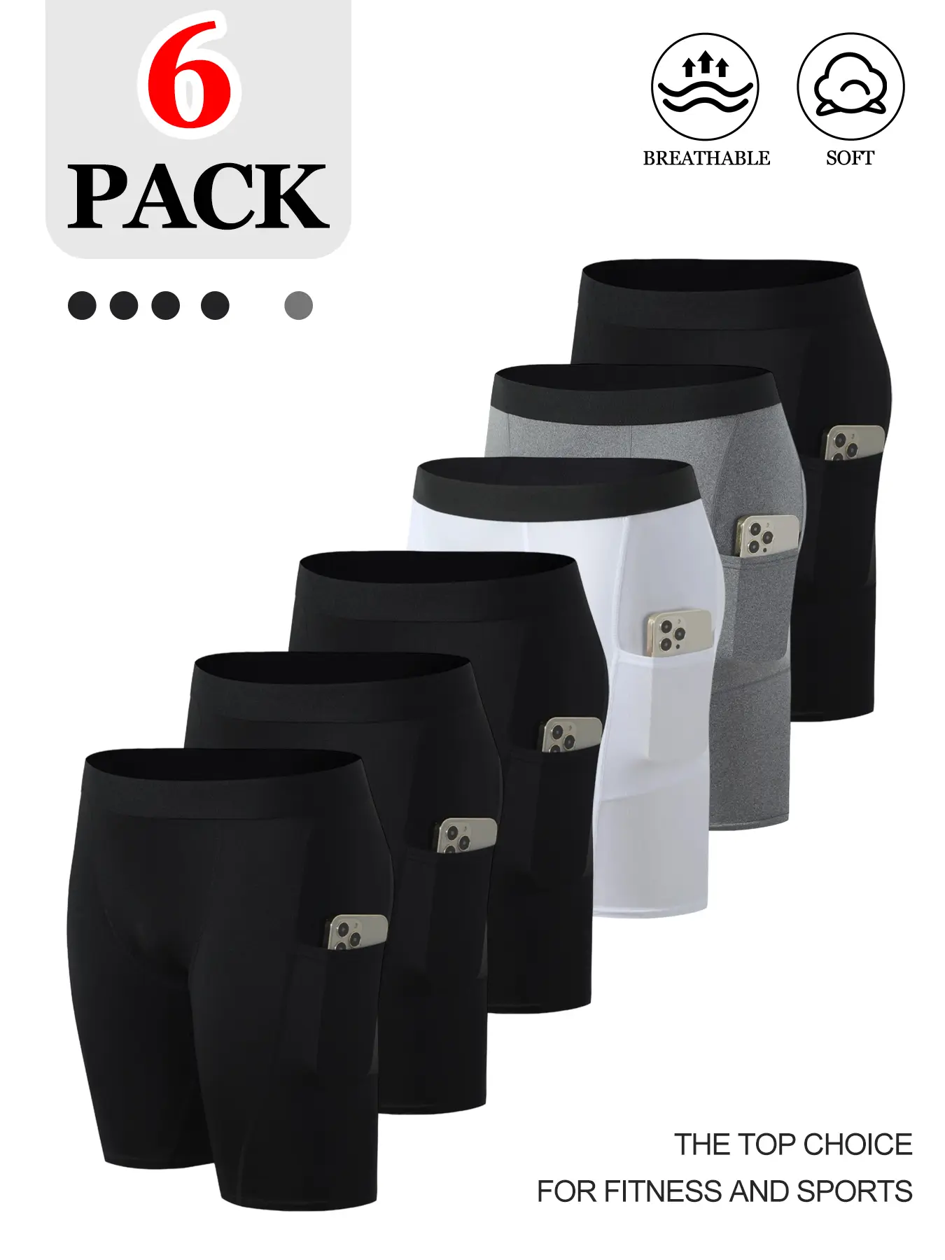 6 Pack Mens Athletic Compression Shorts with Cell Phone Pockets, Stretch Soft Breathable Quick Dry Workout Base Layer Underwear Shorts for Fitness Training Running