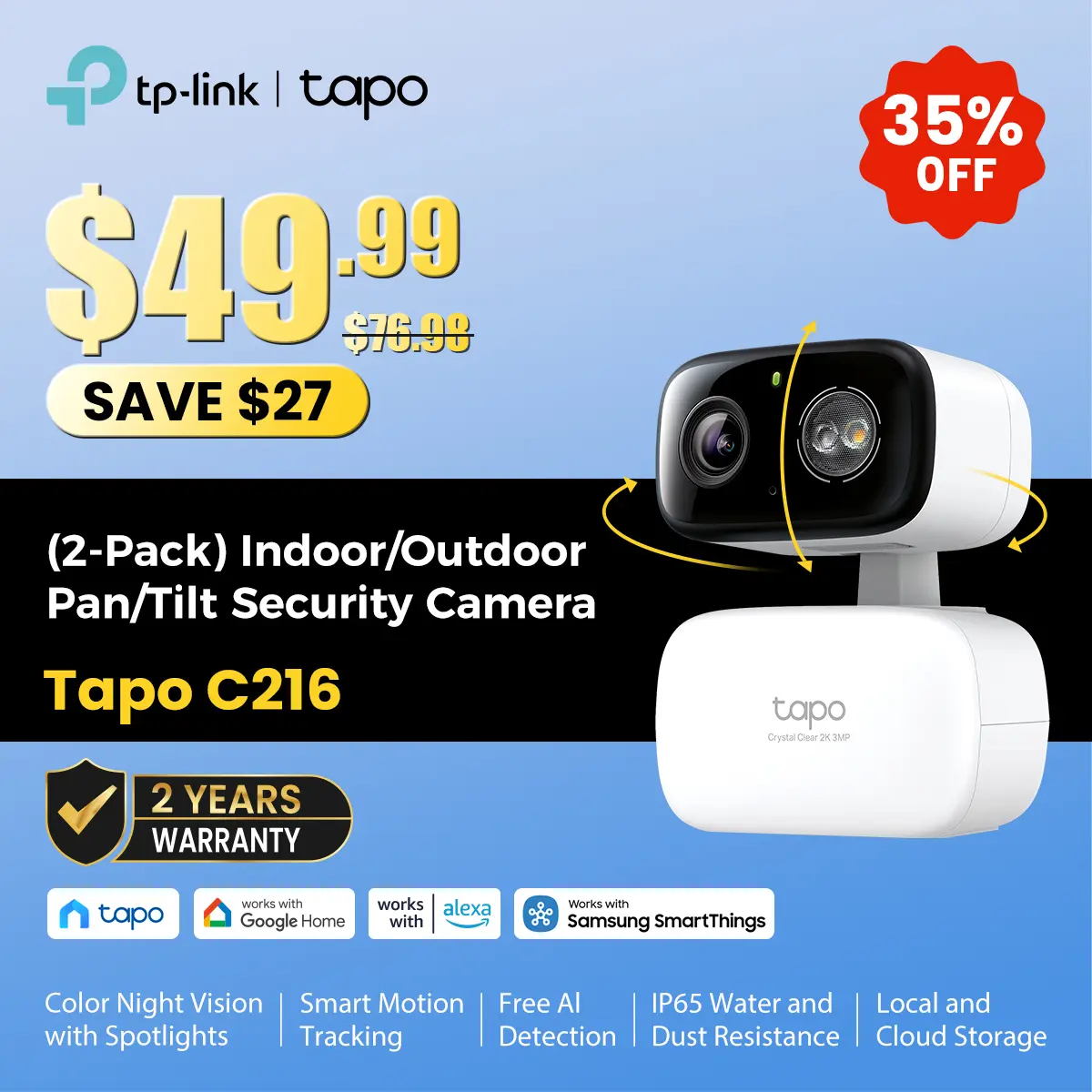 TP-Link & Tapo C216(2-pack) 2K Pan/Tilt Indoor/Outdoor Security Camera  with AI Detection, Baby Cry Detect, Motion Tracking, Color Night Vision, 360° Pan/Tilt, No Subscription, Alexa & Google Compatible  #SummerWins #DealsForYouDays