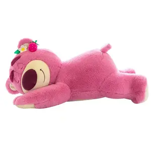 A cute, lying-down strawberry bear pink plush toy, perfect as a pillow or cuddly plush doll. The best gift for your girlfriend on Valentine's Day. christmas valentine squishy plushie soft anime stuff animal box