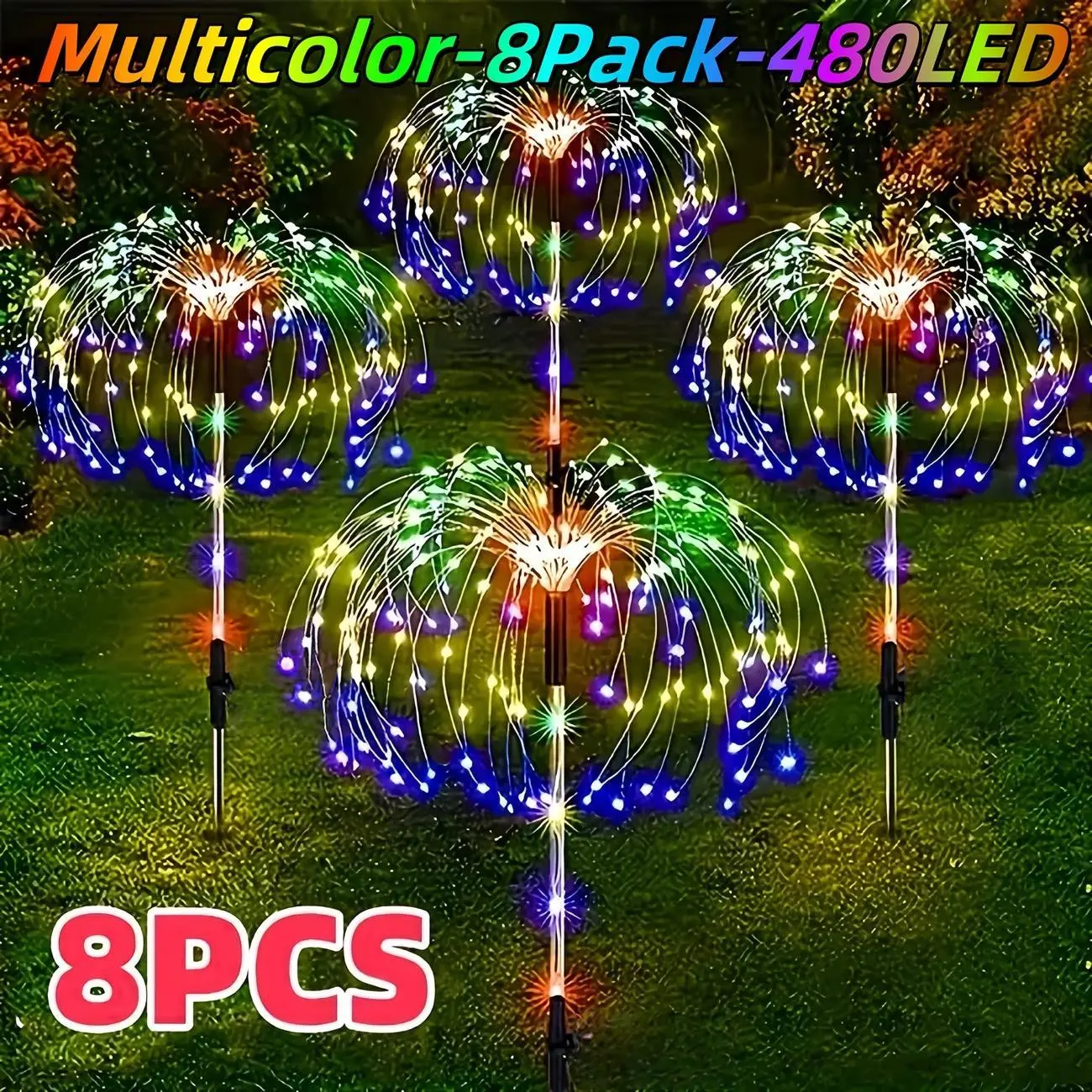 8-piece set -1 outdoor solar powered fireworks light, Christmas decoration, IP65 protection level, 8 lighting modes. Christmas decoration suitable for DIY decoration of gardens, courtyards, parties, Christmas, Halloween lights | Outdoor solar lights