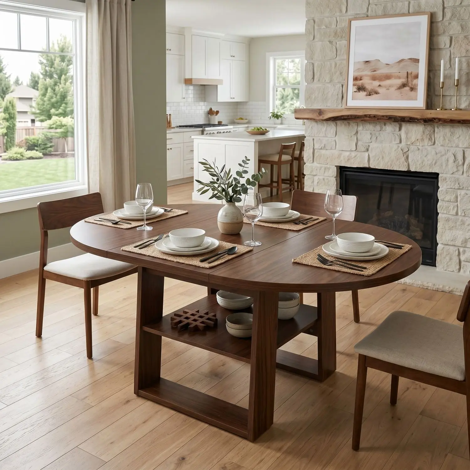 Walnut Round Extendable Dining Table - 43.3"-59" Size, Round/Oval Design, Built-In Self-Storing Flip-Up Extension Leaf, Stable H-Shaped Base, Storage Shelf, Particle Board, 4-6 Seats