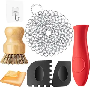 Patelai 7-Piece Cast Iron Cleaner Set with Chainmail Scrubber Bamboo Brush