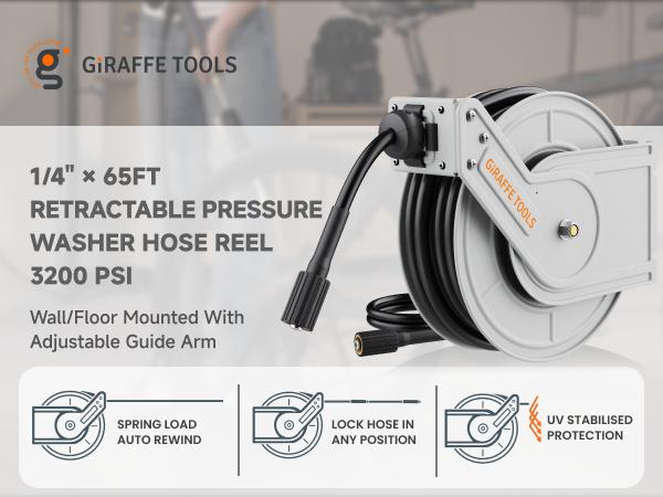 Giraffe Tools Retractable Pressure Hose Reel 4000/3200 PSI Heavy Duty 65ft Retractable Hose for Power Washers Lockable at Any Length Wall Mounted