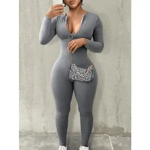 Women's solid color zipper jumpsuit, casual and comfortable long sleeved jumpsuit, suitable for daily wear, women's spring and autumn clothing