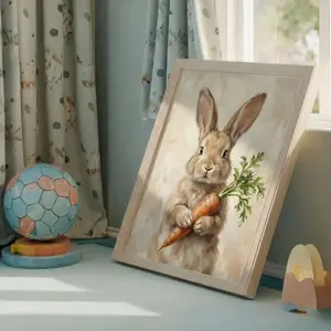 Easter Bunny Cute Rabbit Print, Neutral Spring Flower Easter Bunny & Carrot Nursery Wall Art Easter Printable Vintage Decor Rabbit Art