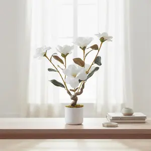 Artificial Magnolia Tree 2FT 6 Lifelike White Flowers in White Planter Realistic Fake Potted Magnolia Grandiflora for Home and Office Decor,1pcs