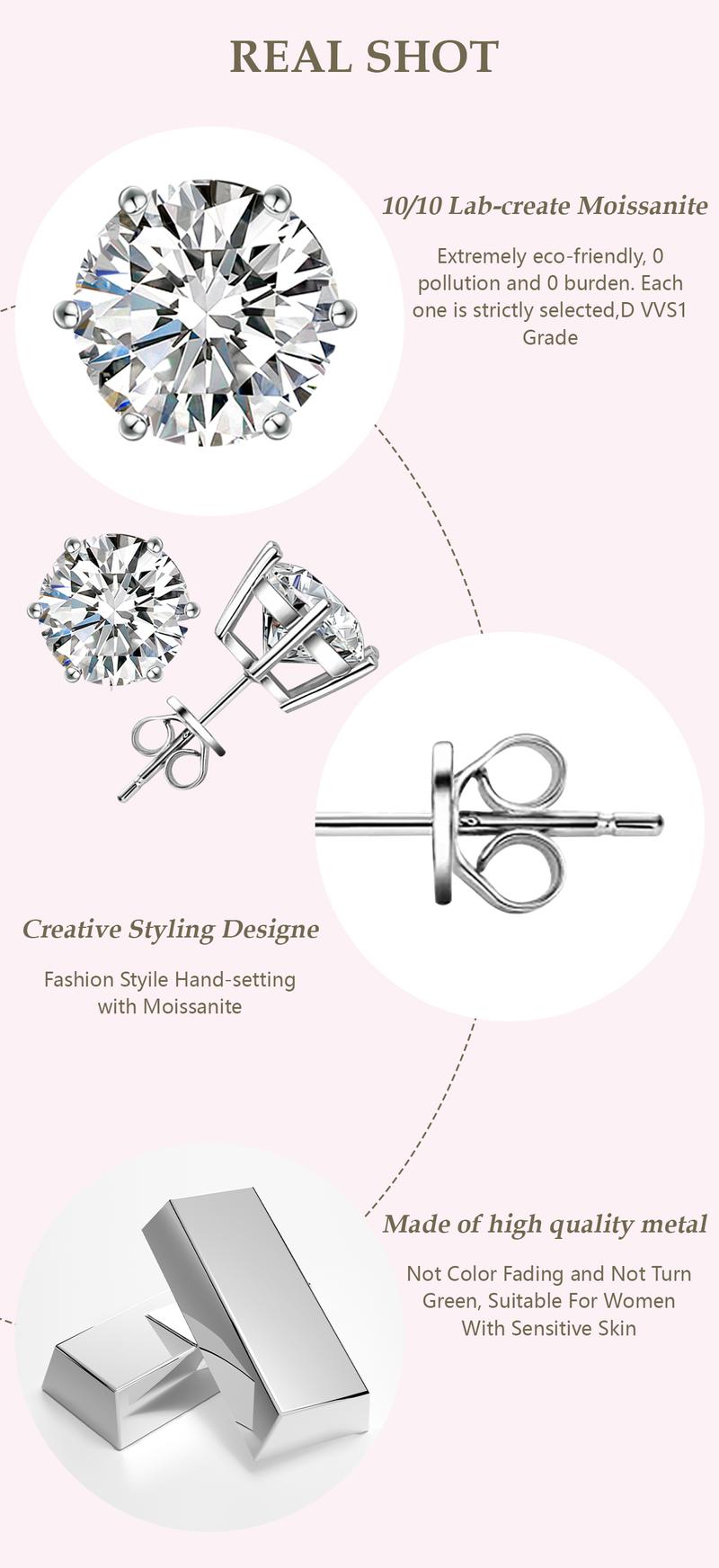 Delzzad S925 Six Prong Solitaire Earrings Round VVS Synthetic Moissanite Stud Earring Daily Costume Jewelry Accessories Perfect Birthday Wedding Anniversary Festive Gifts for Women Wedding Set