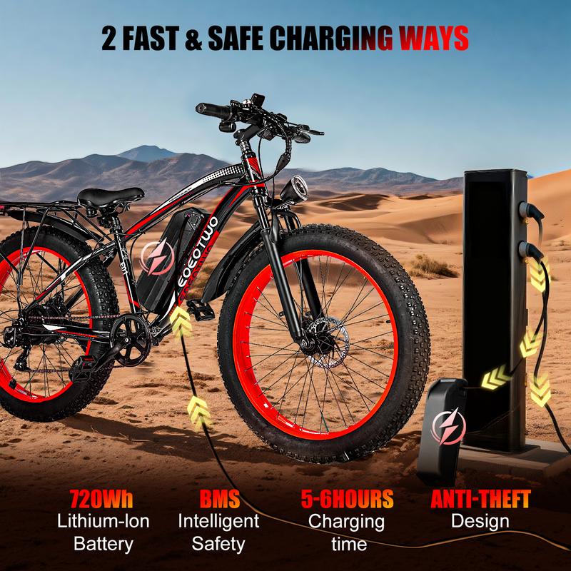 EOEOTWO 1500W Peak Motor Electric Bicycle with Front Suspension 48V 15AH Battery 26"x 4.0 Inch Tires 30+ MPH Speed 70 Miles Range for Snow Mountain Road Riding