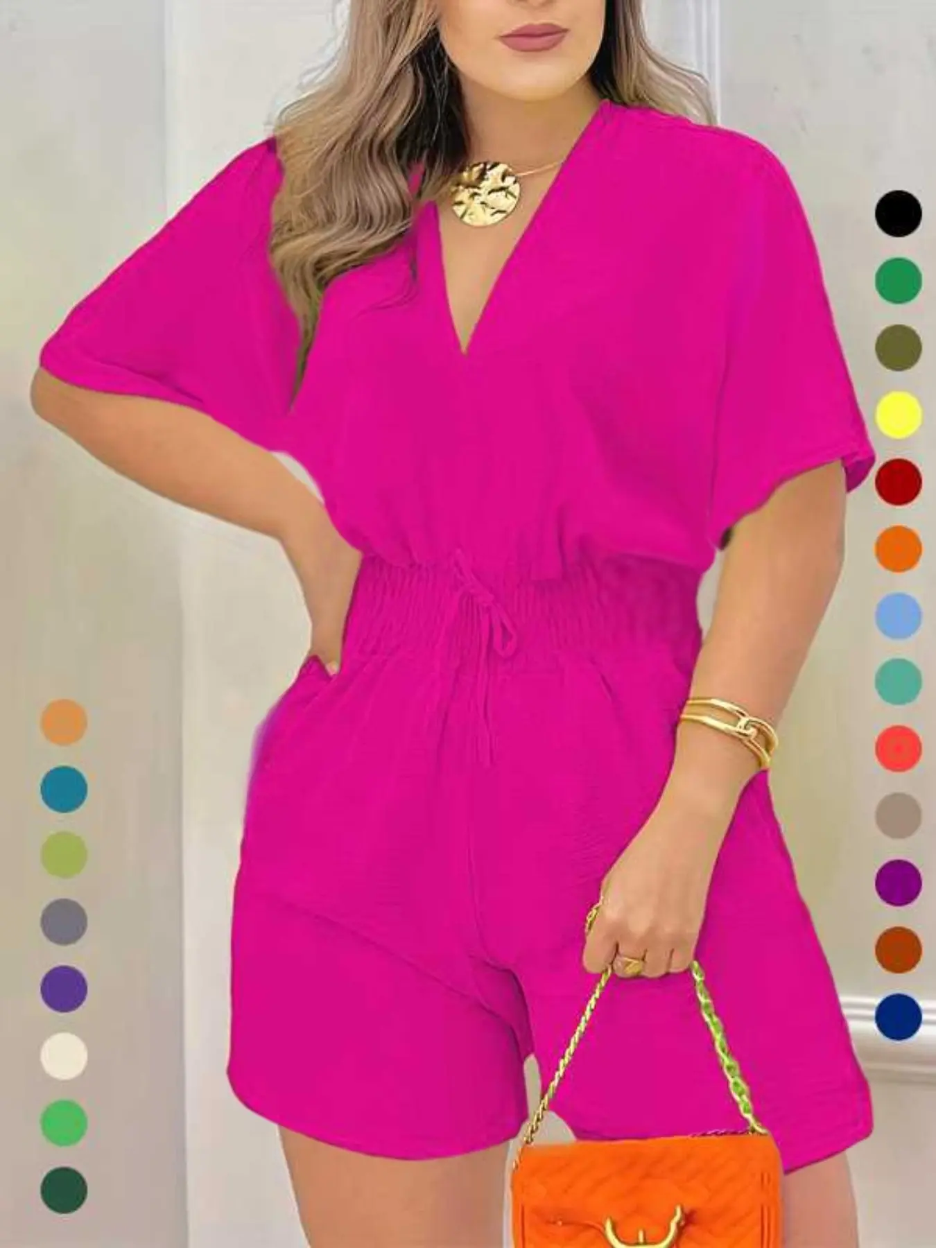 Women's Plain Drawstring Shirred Waist V Neck Romper, Casual Half Sleeve Zipper Back High Waist Romper for Summer, Fashion Women's Clothing for Daily Wear