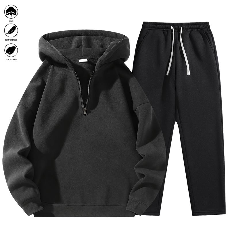 Men's Plain Two-piece Sweatsuit Set, Basic Regular Fit Casual Drop Shoulder Half Zip Hoodie & Pocket Drawstring Sweatpants, Men's Clothing
