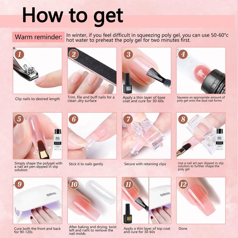 Professional Poly Gel Nail Kit, 1 Set 6 Colors Poly Nail Gel Kit with Uv Lamp, Complete Nail Extension Poly Gel Kit for Beginners, Gift for Women, Poly Gel Polish Kit Gel Extension Kit Nail Supplies Nail Equipment Nail Kit for Beginners, Christmas Gift