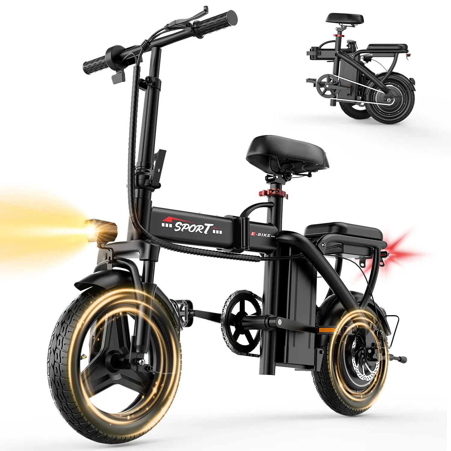 Pikabike Z6 Electric Bike Peak 1200W 25MPH 14" Pneumatic Tires 22-40 Mile Range Rear Disc Brake Foldable Two Seats Ebike