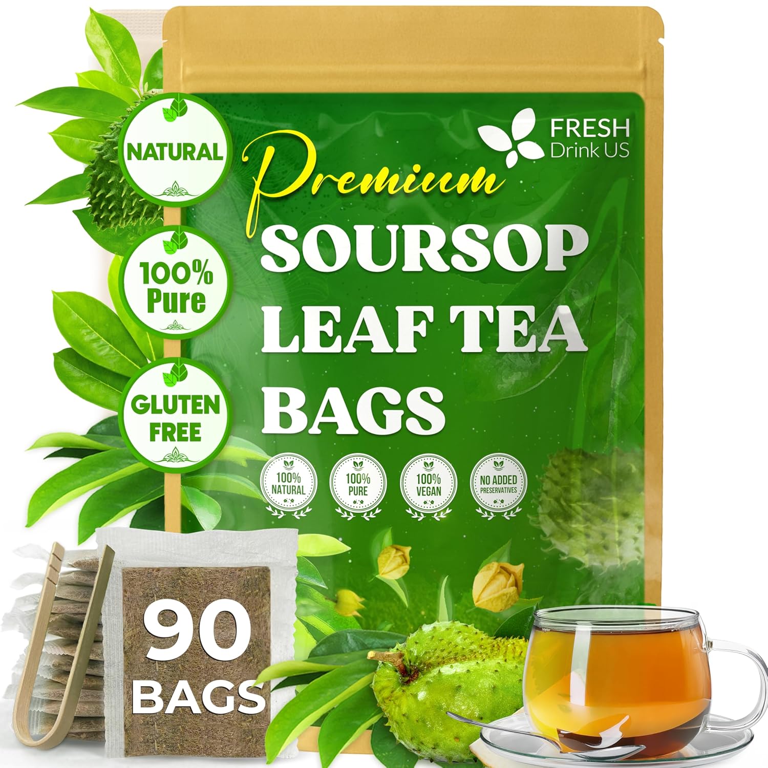 【FreshDrinkUS】 Soursop Tea, Premium Soursop Graviola Leaf Tea Bags, Guanábana leaves - Hojas de guanábana, 100% Natural