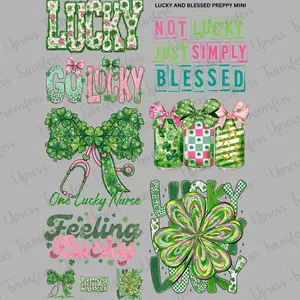Lucky And Blessed Preppy Mini DTF Transfer Gang Sheet 24.5" x 36" Direct To Film for DIY Enthusiasts Vibrant Custom Options Cozy Handmade Aesthetic Pink Green Christmas Design