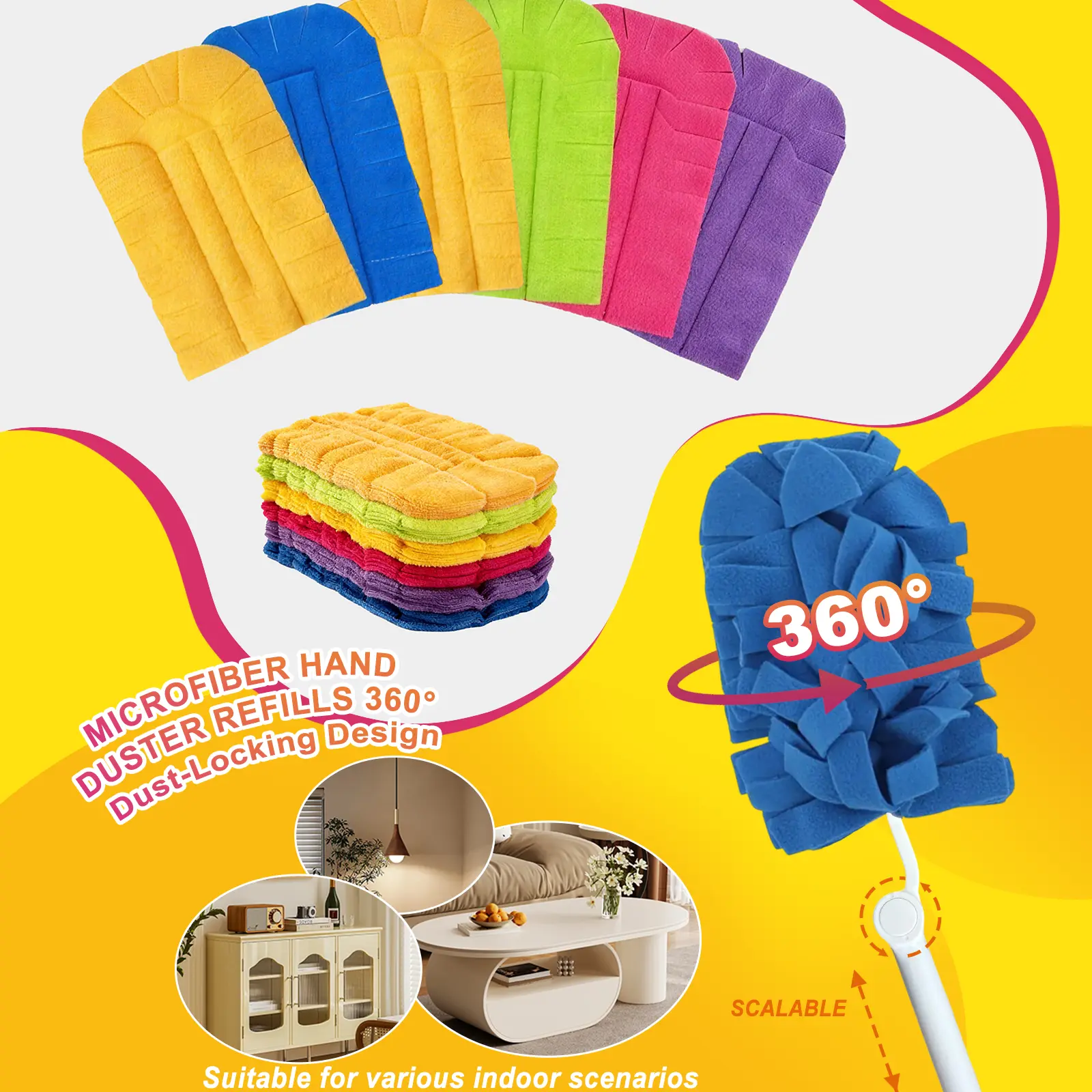 Reusable Swiffer 360 Degree Hand Duster Compatible Refills - Heavy Duty, Lightweight, Comfortable Microfiber Cleaner Pads, Machine Washable for Household Ceiling Fans, Windows (6 Pack, Mixed Color), Window, Set
