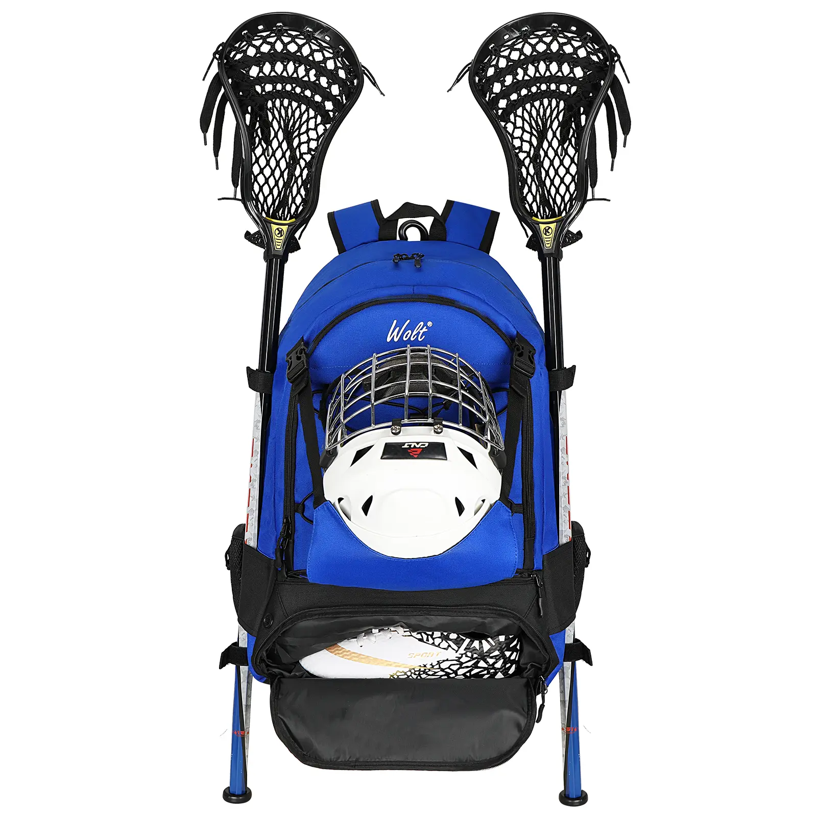 Wolt Durable Lacrosse Backpack for Youth/Adults (14+), 600D Polyester Extra Large Capacity Bag (15*11*24 inches, 1.2kg) with Ergonomic Design, Ventilated Shoe Compartment, 2 Stick Holders, Long-Lasting Usage, Other Sports Compatibility, Field Hockey, Trai
