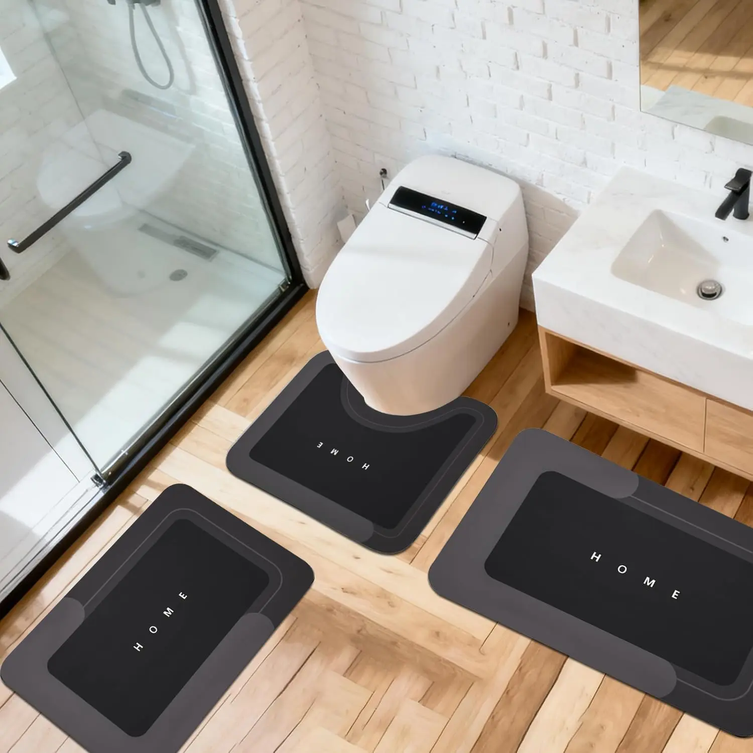 Bathroom toilet mat, 3-piece set, quick-drying water-absorbing floor mat, rubber anti-slip bottom design, suitable for bathroom, washbasin area, toilet, kitchen, living room, beside the bathtub, laundry room, bathroom decoration. Bath mat
