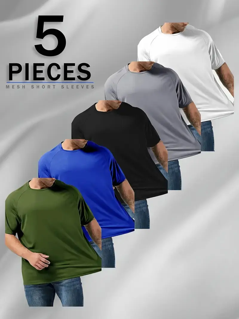 Men's Plus Size 5-Pack Quick Dry Breathable Athletic Apparel, Dry Fit Tech Sporty Sports Tops, Gym & Summer Fitness Workout Shirts Fitted Sportswear Activewear Tees,summerwins,travel essentials,camping essentials