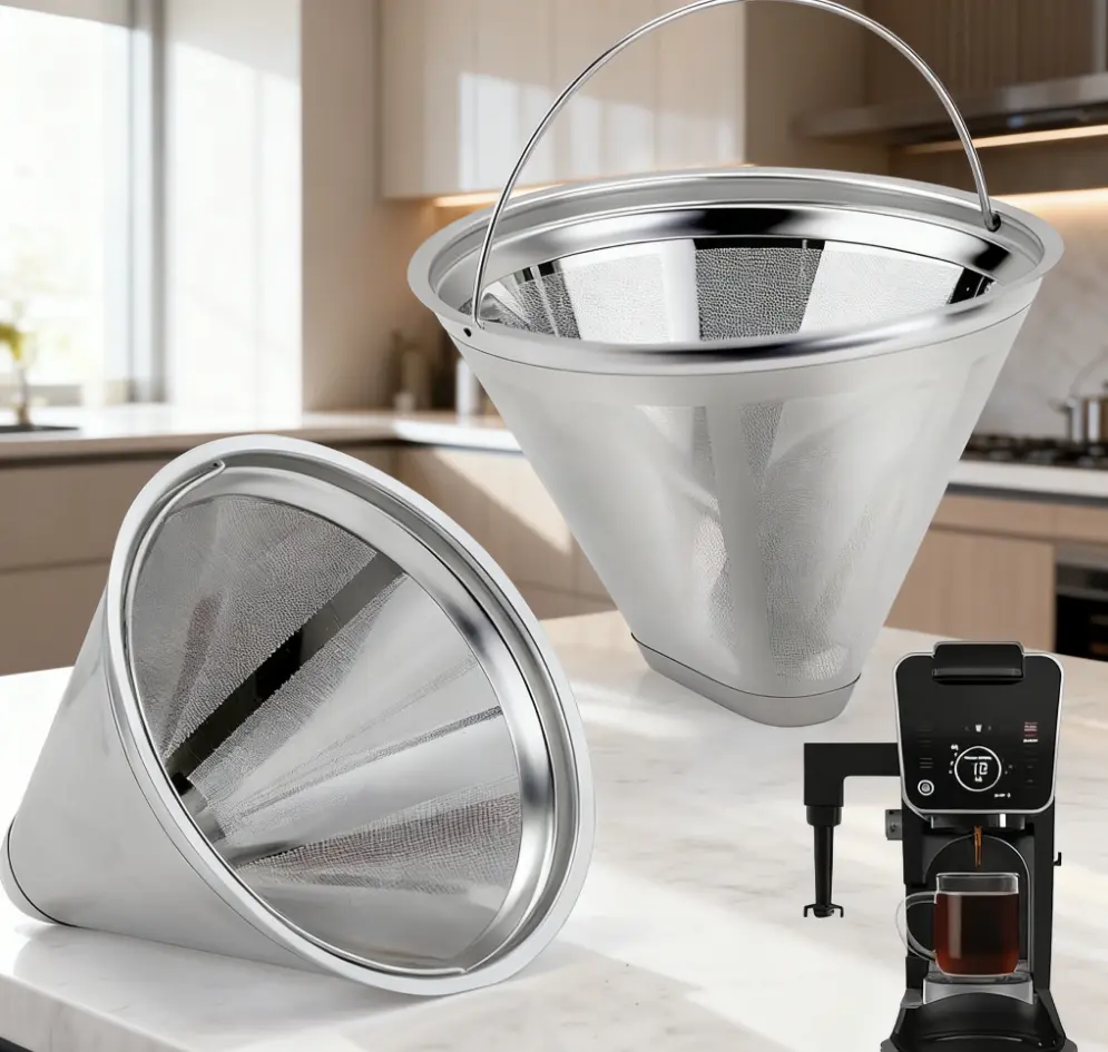 Reusable Coffee Filter Tea Separator 304 Stainless Steel Cone Drip Coffee Maker Filter with Handle Compact Design Easytouse Filter Highquality Mesh Sturdy Handle Brewing Accessory Coffee