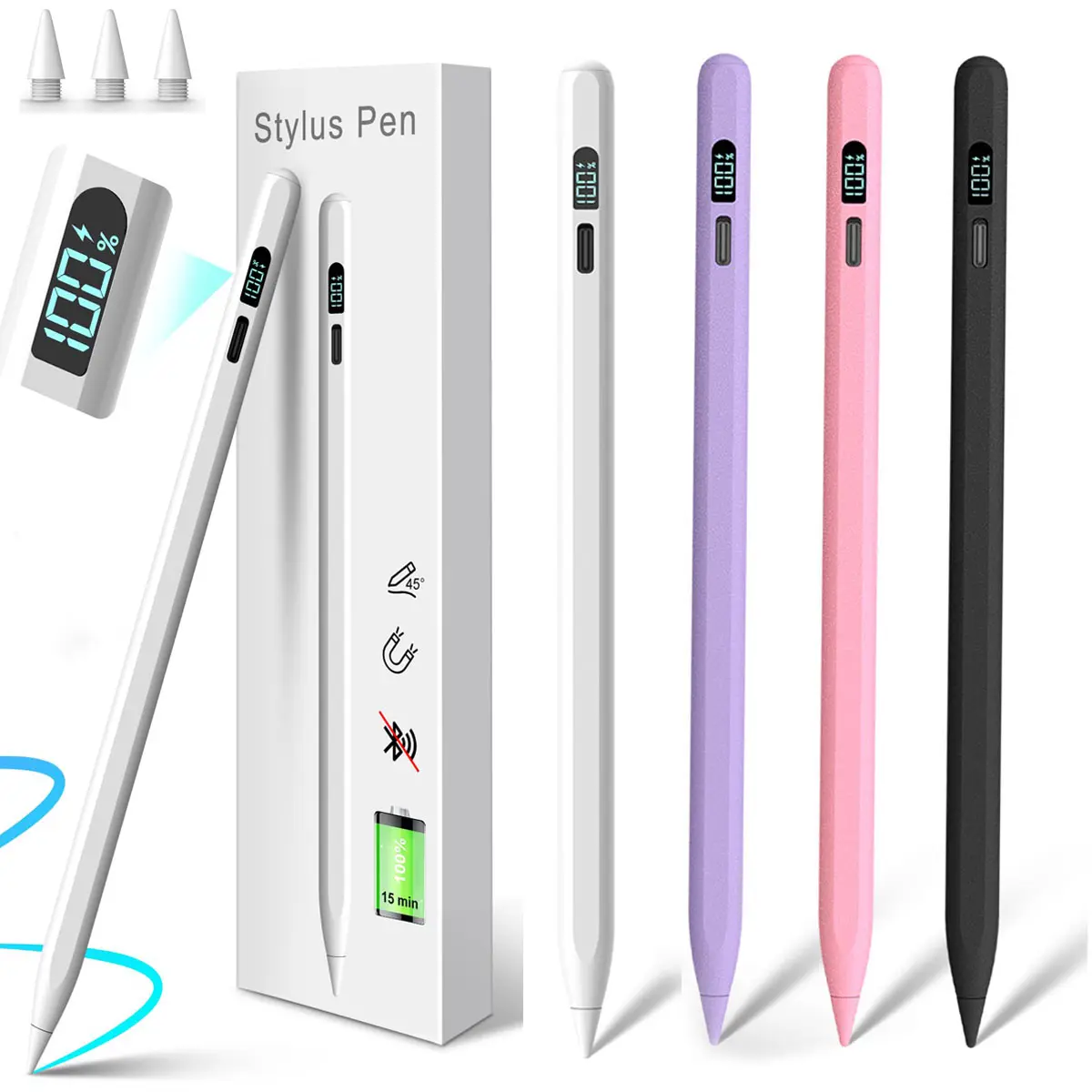 MEKO LED Stylus Pen for iPad 10/9/8/7/6th, Pro 12.9"/11"/M4, Air 5/4/3/M2, Mini 6/5 - Fast Charge, Palm Rejection, Tilt Sensitive, LED Power Display, Wireless & Portable