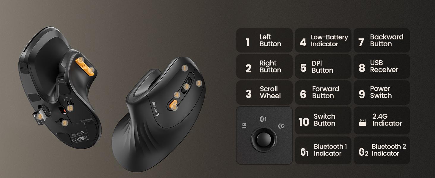ProtoArc Ergonomic Mouse, EM11 NL Bluetooth Rechargeable Wireless Vertical Mouse, 3 Multi-Device Connectivity for Computer/PC/Laptop, 2.4GHz Optical Mice for Windows, Mac OS