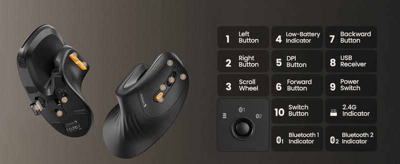 ProtoArc Ergonomic Mouse, EM11 NL Bluetooth Rechargeable Wireless Vertical Mouse, 3 Multi-Device Connectivity for Computer/PC/Laptop, 2.4GHz Optical Mice for Windows, Mac OS