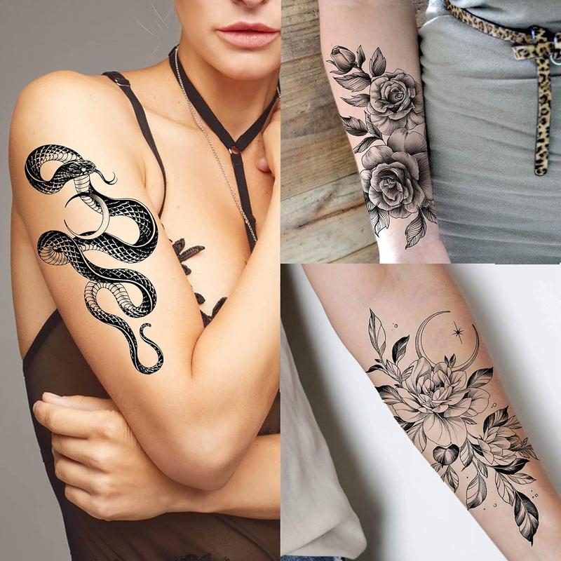64 Sheets Long Lasting Flower Temporary Fake Tattoos For Women Arm Neck, Jellyfish Sunflower Moon Rose For Adults Girl, 3D Temp Realistic Snake Tatoo Stickers Serpent Peony Floral Kids